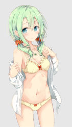 Rule 34 | 1girl, aqua eyes, blue eyes, bow, bow panties, bra, breasts, cleavage, cowboy shot, flower, green hair, hair between eyes, hair flower, hair ornament, lace, lace-trimmed bra, lace trim, long hair, long sleeves, looking at viewer, low twintails, medium breasts, navel, no pants, off shoulder, open clothes, open shirt, original, panties, red bow, shiina kuro, shirt, simple background, sketch, solo, twintails, underwear, undressing, white shirt, yellow bra, yellow panties