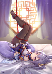Rule 34 | 1girl, arms behind back, artist name, bdsm, bed sheet, black pantyhose, blush, bondage, bound, chinese clothes, chinese commentary, commentary request, cone hair bun, curtains, dress, feet, genshin impact, grey hair, hair between eyes, hair bun, highres, keqing (genshin impact), legs up, looking at viewer, lying, no shoes, on back, pantyhose, purple eyes, red rope, restrained, rope, solo, toes, twintails, yiduan zhu