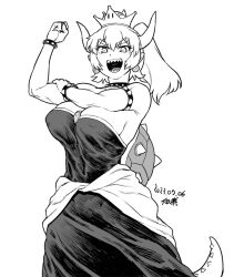 Rule 34 | 1girl, armlet, bowsette, bracelet, breasts, cleavage, collar, commentary request, covered erect nipples, cowboy shot, crown, dated, dress, earrings, flexing, genderswap, genderswap (mtf), greyscale, horns, jewelry, large breasts, lizard tail, looking at viewer, mario (series), medium hair, monochrome, new super mario bros. u deluxe, nintendo, open mouth, pointy ears, ponytail, sharp teeth, signature, smile, solo, spiked armlet, spiked bracelet, spiked collar, spiked shell, spiked tail, spikes, strapless, strapless dress, super crown, tail, teeth, tsukudani (coke-buta), turtle shell, white background