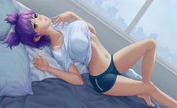 Rule 34 | 1girl, barefoot, bed sheet, beskweet, blue shirt, breasts, collarbone, curvy, everlasting summer, fingernails, from above, from side, green eyes, highres, indoors, large breasts, legs, lips, looking at viewer, lying, medium hair, navel, on back, parted lips, pillow, purple hair, room, shirt, short shorts, short sleeves, short twintails, shorts, solo, stomach, t-shirt, twintails, unyl-chan, white shirt, window