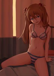 Rule 34 | 1girl, arm support, artist request, bed, blue eyes, breasts, brown hair, cowboy shot, hair ornament, interface headset, looking at viewer, medium breasts, neon genesis evangelion, on bed, open mouth, panties, sitting, solo, souryuu asuka langley, sports bra, spread legs, striped clothes, striped panties, twintails, two side up, underwear, window