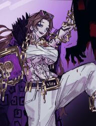 Rule 34 | 1girl, belt, belt buckle, black belt, blood, blue eyes, book, brown hair, buckle, chain, chain necklace, chanil (muexlku), chest sarashi, chest tattoo, highres, holding, holding book, jewelry, knee up, limbus company, long hair, murder, necklace, open mouth, pants, parted bangs, project moon, rodion (project moon), sarashi, sidelocks, smile, solo, stomach tattoo, tattoo, very long hair, white pants