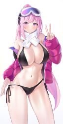 Rule 34 | 1girl, absurdres, bikini, black bikini, blue archive, blush, breasts, closed mouth, cowboy shot, eimi (blue archive), eimi (swimsuit) (blue archive), goggles, goggles on head, groin, highres, jacket, large breasts, long hair, long sleeves, looking at viewer, navel, official alternate costume, open clothes, open jacket, pink eyes, pink hair, pink jacket, ponytail, reneua, simple background, smile, solo, swimsuit, v, white background