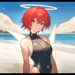 Rule 34 | 1girl, arknights, bare arms, bare shoulders, black one-piece swimsuit, blue sky, breasts, closed mouth, cloud, commentary request, covered collarbone, covered navel, day, detached wings, exusiai (arknights), hair between eyes, hair intakes, halo, horizon, letterboxed, looking at viewer, medium breasts, ocean, oldercat, one-piece swimsuit, orange eyes, outdoors, red hair, sky, smile, solo, swimsuit, water, white wings, wings