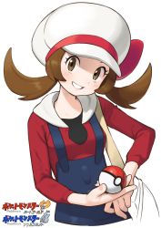 Rule 34 | 1girl, blush, bow, breasts, brown eyes, brown hair, copyright name, creatures (company), cropped torso, game freak, hat, hat bow, highres, holding, holding poke ball, long sleeves, looking at viewer, lyra (pokemon), nintendo, omaru gyuunyuu, poke ball, pokemon, pokemon hgss, red shirt, shirt, simple background, smile, solo, suspenders, teeth, twintails, upper body, white background, white hat