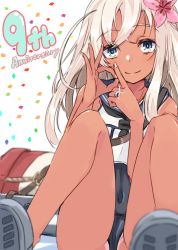 Rule 34 | 1girl, alakoala, anniversary, bare shoulders, blonde hair, blue eyes, blush, confetti, crop top, flower, hair flower, hair ornament, highres, jewelry, kantai collection, lifebuoy, long hair, looking at viewer, one-piece swimsuit, one-piece tan, ring, ro-500 (kancolle), sailor collar, school swimsuit, school uniform, serafuku, sitting, smile, solo, swim ring, swimsuit, swimsuit under clothes, tan, tanline, torpedo, wedding band, white background