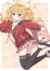Rule 34 | 1girl, ahoge, bag, bag charm, black thighhighs, blonde hair, blue archive, blush, border, brown eyes, charm (object), commentary request, feet up, floating, floating hair, full body, hair ribbon, hand up, highres, hood, hood down, hoodie, long hair, long sleeves, looking at viewer, looking to the side, nemo (leafnight), orange background, outside border, outstretched arm, panties, pantyshot, pinching sleeves, pink background, pink pupils, pink skirt, plaid, plaid background, plaid skirt, pleated skirt, rabbit symbol, red hoodie, ribbon, sailor collar, school bag, shoes, shoulder bag, skindentation, skirt, sneakers, solo, stuffed animal, stuffed rabbit, stuffed toy, thighhighs, twintails, two-tone background, underwear, v-shaped eyebrows, white border, white panties, white ribbon, white sailor collar, yoshimi (blue archive)