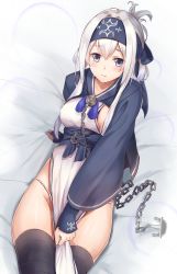 Rule 34 | 10s, 1girl, absurdres, blue eyes, blush, breasts, chain, collarbone, covering privates, covering crotch, cropped jacket, dress, embarrassed, folded ponytail, fundoshi, headband, highres, japanese clothes, kamoi (kancolle), kantai collection, karumayu, long hair, medium breasts, on bed, pelvic curtain, sideboob, silver hair, sleeveless, sleeveless dress, solo, thick eyebrows, thighhighs, white dress
