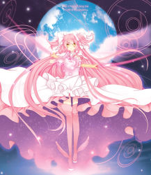 Rule 34 | 10s, 1girl, bad id, bad pixiv id, boots, bow (weapon), dress, gloves, hair ornament, hair ribbon, hobak, kaname madoka, long hair, mahou shoujo madoka magica, mahou shoujo madoka magica (anime), pink dress, pink footwear, pink hair, pink thighhighs, ribbon, short twintails, smile, solo, thighhighs, twintails, two side up, ultimate madoka, very long hair, weapon, yellow eyes