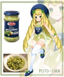 Rule 34 | barilla, blue headwear, blush, bracelet, drill hair, food, green eyes, green leotard, hair ornament, highres, jewelry, leaf, leaf hair ornament, leaf in hair, leaf ornament, leotard, long hair, looking at viewer, original, pasta, personification, pesto, photo inset, plate, real life insert, ribbon, see-through, signature, smile, thighhighs, trofie (pasta), very long hair, white legwear, white ribbon, yuniiho