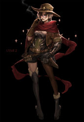 Rule 34 | 1girl, ammunition, armor, bandolier, belt, belt buckle, black background, blush, boots, brown belt, brown eyes, brown gloves, brown hair, brown shorts, brown thighhighs, buckle, bullet, cape, cartridge, cassidy (overwatch), cigar, cigarette, cowboy hat, cyborg, earrings, elbow gloves, eyebrows, full body, genderswap, genderswap (mtf), gloves, gun, hand on own hip, hand up, handgun, hat, high heel boots, high heels, highres, holding, holding cigar, holster, jewelry, legs apart, looking at viewer, mechanical hands, overwatch, overwatch 1, pigeon-toed, pistol, poncho, red cape, red lips, sheath, sheathed, short hair, short shorts, short sleeves, shorts, simple background, single glove, single mechanical hand, single thighhigh, sleeves rolled up, smoke, smoking, solo, sparkle, spurs, standing, steve zheng, stud earrings, teeth, thigh boots, thighhighs, weapon