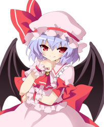 Rule 34 | 1girl, bat wings, blue hair, blush, bow, fang, female focus, hat, hat ribbon, oryuu aya, puffy sleeves, red eyes, remilia scarlet, ribbon, short sleeves, smile, solo, touhou, white background, wings, wrist cuffs
