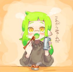 Rule 34 | chopsticks, colored tongue, cup, daidaiika, earrings, fang, food, green hair, green tongue, grey sweater vest, holding, holding chopsticks, holding cup, inkling, inkling girl, inkling player character, jewelry, long sleeves, looking at viewer, nintendo, open mouth, pointy ears, simple background, smile, splatoon (series), splatoon 2, sweater, sweater vest, table, upper body, yellow background, yellow eyes