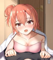 Rule 34 | 1boy, 1girl, absurdres, black shirt, blush, breast press, breasts, brown eyes, brown hair, camisole, check commentary, cleavage, collarbone, commentary request, door, hair between eyes, hair bun, highres, hikigaya hachiman, hisui (user zvkr2432), looking at viewer, medium breasts, on bed, open mouth, partial commentary, pink camisole, shirt, short hair, side bun, single hair bun, single side bun, sleepwear, smile, strap slip, waking another, waking up, yahari ore no seishun lovecome wa machigatteiru., yuigahama yui