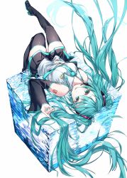 Rule 34 | 1girl, bare shoulders, black footwear, black skirt, black sleeves, blouse, blue eyes, blue hair, blue nails, blue necktie, boots, breasts, detached sleeves, floating hair, grey shirt, hatsune miku, headphones, headset, highres, hiraki azi, ice, leg up, light blue hair, light blue nails, light blue necktie, long hair, long sleeves, lying, medium breasts, miniskirt, nail polish, necktie, on back, pleated skirt, shirt, simple background, skirt, sleeveless, solo, thigh boots, thighhighs, twintails, very long hair, vocaloid, white background, wide sleeves, zettai ryouiki