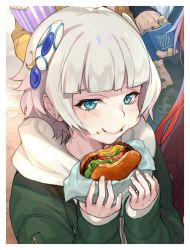 Rule 34 | 10s, 2girls, blue eyes, burger, crescent, crescent hair ornament, eating, food, food on face, green jacket, hair ornament, holding, holding food, jacket, jewelry, long hair, meteora osterreich, multiple girls, popcorn, re:creators, red hair, ring, selesia upitiria, short hair, silver hair, solo focus, yuu (higashi no penguin)