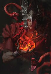 Rule 34 | 1boy, aleksandra skiba, animal, bracelet, cape, closed mouth, commentary, elden ring, elden ring: shadow of the erdtree, english commentary, evil smile, fingernails, fire, flaming hand, helmet, highres, jewelry, lips, long hair, looking at viewer, male focus, messmer the impaler, one eye closed, red cape, red hair, red snake, slit pupils, smile, snake, solo, twitter username, yellow eyes
