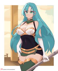 Rule 34 | 1girl, absurdres, aqua hair, bare shoulders, black dress, bow, braid, breasts, chloe (fire emblem), cleavage, commentary, covered navel, cowboy shot, daymandraws, dress, elbow gloves, fire emblem, fire emblem engage, gloves, green eyes, green thighhighs, hair bow, highres, holding, large breasts, long hair, microdress, nintendo, pencil dress, red bow, sleeveless, smile, solo, standing, thighhighs, thighs, very long hair, white gloves