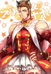 Rule 34 | 1boy, abs, animal ears, bare shoulders, beard, blue eyes, blush, brown hair, cape, cosplay, facial hair, fate/grand order, fate (series), flustered, gloves, hand on own hip, highres, kaleido ruby, kaleido ruby (cosplay), long sideburns, looking at viewer, male focus, muscular, napoleon bonaparte (fate), pectorals, skirt, solo, thighs, tohsaka rin, toosaka rin, zuman (zmnjo1440)