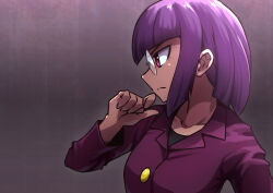 Rule 34 | 1girl, black shirt, blunt bangs, buttons, closed mouth, collarbone, commentary request, creatures (company), eyelashes, frown, game freak, glasses, hand up, jacket, kotobukkii (yt lvlv), looking down, matori (pokemon), medium hair, nintendo, pink eyes, pokemon, pokemon (anime), pokemon xy (anime), purple hair, purple jacket, shirt, solo, upper body