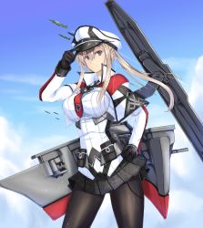 Rule 34 | 10s, 1girl, absurdres, adjusting clothes, adjusting headwear, anchor, anti-aircraft, anti-aircraft gun, bf 109, black gloves, black pantyhose, blonde hair, breasts, cannon, capelet, celtic knot, cloud, cloudy sky, cross, day, flight deck, gloves, graf zeppelin (kancolle), grey eyes, hair between eyes, hand on own hip, hat, highres, iron cross, jacket, kantai collection, large breasts, luna (gunfire), machinery, military, military uniform, miniskirt, necktie, outdoors, pantyhose, peaked cap, sidelocks, skirt, sky, solo, tsurime, twintails, uniform, white hat