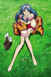 Rule 34 | 1girl, aqua hair, bare legs, barefoot, grass, hairband, hand on own knee, jewelry, long hair, long sleeves, lowres, lucia (lunar), lunar, lunar 2: eternal blue, official art, pendant, shoes, unworn shoes, sitting, solo