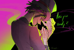 Rule 34 | 1boy, absurdres, bodypaint, dark-skinned male, dark skin, english text, formal, gloves, hat, highres, looking at viewer, male focus, mizugaki tougo, multicolored background, purple eyes, sam (twisted wonderland), smile, smoke, solo, speech bubble, suit, twisted wonderland, twitter username, white gloves