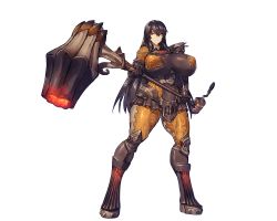 Rule 34 | 1girl, black hair, bodysuit, boots, breasts, brown eyes, closed mouth, feet, female focus, full body, game cg, hair over shoulder, hammer, hand up, holding, holding hammer, huge breasts, legs, legs apart, long hair, looking at viewer, melon22, original, serious, solo, standing, thick thighs, thighs, transparent background, weapon