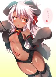 Rule 34 | 1girl, :o, absurdres, animal ears, animal hands, arm ribbon, bare shoulders, black gloves, black leotard, black thighhighs, blush, boots, bow, bowtie, breasts, center opening, chloe von einzbern, commentary request, covered erect nipples, dangeroes beast (illya), dark-skinned female, dark skin, dog ears, dog tail, elbow gloves, fake animal ears, fang, fate/kaleid liner prisma illya, fate (series), flipped hair, folded ponytail, fur boots, gloves, gradient background, hair between eyes, hair ribbon, hands up, heart, highres, leash, leotard, long hair, looking at viewer, multicolored eyes, navel, open mouth, paw gloves, paw pose, pink hair, red bow, red bowtie, red eyes, red ribbon, revealing clothes, ribbon, sakurayume kome, shiny clothes, shiny skin, small breasts, solo, standing, stomach, stomach tattoo, swept bangs, tail, talking, tattoo, thigh gap, thighhighs, thighs, translated, yellow eyes