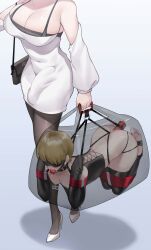 Rule 34 | 1boy, 1girl, absurdres, arknights, ass, bag, ball gag, bare shoulders, bdsm, bitchsuit, black thighhighs, blindfold, blonde hair, blue background, blush, bondage, bound, bound arms, bound legs, bra strap, breasts, brown pantyhose, bulge, censored, commentary request, corset, detached sleeves, dildo, dress, drooling, erection, erection under clothes, femdom, futanari, gag, gins, gradient background, handbag, harness, head out of frame, high heels, highres, holding, large breasts, mosaic censoring, nipple piercing, nipples, original, pantyhose, piercing, restrained, rhodes island logo (arknights), saliva, sex toy, shadow, shoes, short dress, standing, stirrup legwear, strapless, strapless dress, thighhighs, toeless legwear, transparent, trap, walking, white dress, white footwear
