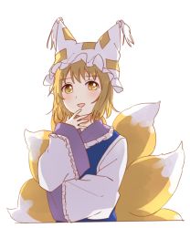 Rule 34 | 1girl, animal ears, backlighting, blonde hair, blue tabard, blush, commentary request, dress, fox ears, fox tail, grey dress, grey hat, hair between eyes, hands up, hat, long sleeves, looking up, mob cap, multiple tails, ofuda, ofuda on clothes, open mouth, sasaki sakiko, short hair, simple background, smile, solo, tabard, tail, touhou, white background, wide sleeves, yakumo ran, yellow eyes