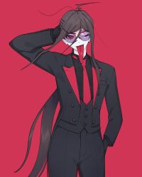 Rule 34 | 1girl, ahoge, black gloves, black jacket, black pants, black shirt, black vest, brown hair, collared shirt, cowboy shot, danganronpa: trigger happy havoc, danganronpa (series), danganronpa 3 (anime), female focus, formal, fukawa toko, genocider shou, gloves, hair between eyes, hair ornament, hairclip, hand in pocket, hand on own head, jacket, ling yun (amadare0803), long hair, long tongue, low ponytail, necktie, one eye closed, pants, red background, red eyes, red necktie, shirt, simple background, solo, standing, suit, tongue, tongue out, very long hair, vest