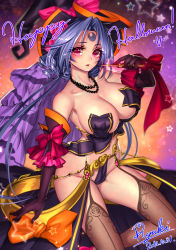 Rule 34 | 10s, 1girl, 2015, artist name, black gloves, blue hair, bow, breasts, crescent, crescent facial mark, dated, elbow gloves, facial mark, garter belt, gloves, halloween, happy halloween, hat, highres, jewelry, large breasts, looking at viewer, necklace, original, pink eyes, ryuki@maguro-ex, short hair, solo, star (symbol), thighhighs, veins, veiny breasts, witch hat