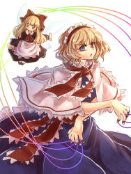 Rule 34 | 1girl, alice margatroid, apron, black dress, blonde hair, blue dress, blue eyes, bow, capelet, dress, fairy wings, hair bow, hairband, highres, juliet sleeves, long hair, long sleeves, looking at viewer, namuko, open clothes, puffy sleeves, puppet rings, puppet strings, ring, sash, shanghai doll, solo, touhou, waist apron, wings