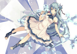 Rule 34 | 1girl, allie (granblue fantasy), armlet, bare shoulders, blue eyes, blue hair, boots, circle skirt, dress, flower, full body, granblue fantasy, hair ornament, highres, long hair, looking at viewer, open mouth, pointy ears, rose, sleeveless, solo, yoshino ryou