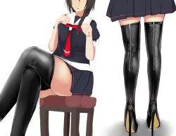 Rule 34 | 1girl, black footwear, blue skirt, boots, braid, brown hair, closed mouth, closed eyes, high heel boots, high heels, highres, kantai collection, katsuten, latex, latex boots, long hair, red neckwear, school uniform, shigure (kancolle), sitting, skirt, smile, thigh boots, thighhighs, thighs, white background