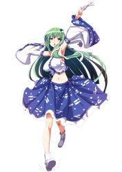 Rule 34 | 1girl, boots, breasts, clearite, detached sleeves, female focus, frog hair ornament, gohei, green hair, hair ornament, hair tubes, highres, kochiya sanae, large breasts, long hair, midriff, ofuda, oonusa, open mouth, skirt, snake hair ornament, solo, touhou, yellow eyes