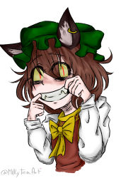 Rule 34 | animal ears, bad id, bad twitter id, bow, brown hair, cat ears, chen, colored sclera, earrings, fangs, grin, hat, jewelry, long hair, md5 mismatch, mob cap, single earring, slit pupils, smile, solo, touhou, twitter username, upper body, white background, yellow bow, yellow sclera