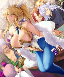 Rule 34 | animal ears, artoria pendragon (all), artoria pendragon (fate), artoria pendragon (lancer) (fate), artoria pendragon (swimsuit ruler) (fate), bad id, bad twitter id, bare shoulders, bedivere (fate), blonde hair, blue pantyhose, breasts, bunny day, casino, casino card table, fake animal ears, fate/grand order, fate (series), green eyes, hair between eyes, highres, jewelry, large breasts, leotard, looking at viewer, mash kyrielight, merlin (camelot &amp; co) (fate), necklace, pantyhose, playboy bunny, rabbit ears, satou daiji, sitting, table