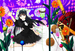 Rule 34 | 10s, 1girl, akemi homura, akemi homura (black dress), barefoot, bed, black hair, blanket, dress, flower, funeral dress, hairband, highres, intravenous drip, long hair, looking at viewer, mahou shoujo madoka magica, mahou shoujo madoka magica: hangyaku no monogatari, needle, nut (food), outstretched arm, purple eyes, ruler, sitting, solo, spoilers, syringe, witch&#039;s labyrinth, zumikuni