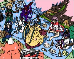 Rule 34 | 1girl, 2boys, alcohol, barefoot, beer, chunsoft, dragon, dragon quest, dragon quest ii, dutch angle, enix, from behind, full body, goggles, goggles on head, hanbu hantarou, hargon, hat, lake, monster, monster request, multiple boys, outdoors, picnic, pointy ears, prince of lorasia, prince of samantoria, princess of moonbrook, purple hair, short hair, sitting, sweatdrop, water
