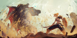 Rule 34 | 1boy, arm guards, arm shield, armlet, armor, arsh (thestarwish), artist name, belt, bird, black pants, blonde hair, blue eyes, blurry, choker, cloud, cube, day, debris, depth of field, desert, desert voe set (zelda), earrings, fighting stance, from below, glowing, highres, holding, holding sword, holding weapon, hoop earrings, igote, jewelry, light brown hair, link, looking at another, male focus, monster, motion blur, nature, nintendo, official alternate costume, open mouth, outdoors, pants, pauldrons, pillar, pointy ears, ponytail, sand, scenery, shin guards, shoulder armor, signature, single pauldron, sky, standing, sun, sword, the legend of zelda, toned, toned male, weapon, wide shot