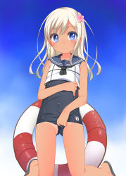 Rule 34 | 10s, 1girl, blonde hair, blue eyes, blush, child, clothing aside, commentary request, covered navel, crop top, flat chest, flower, hair flower, hair ornament, highres, kantai collection, kneeling, lifebuoy, long hair, looking at viewer, one-piece tan, partially visible vulva, ro-500 (kancolle), sailor collar, school swimsuit, shouji ayumu, smile, solo, swim ring, swimsuit, swimsuit aside, swimsuit under clothes, tan, tanline