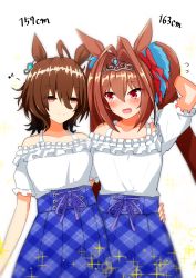 Rule 34 | 2girls, absurdres, agnes tachyon (umamusume), ahoge, amatuki0930, animal ears, arm around waist, arm behind head, bare shoulders, blue skirt, blush, breasts, brown hair, closed mouth, cosplay, daiwa scarlet (umamusume), daiwa scarlet (umamusume) (cosplay), earrings, eighth note, flying sweatdrops, hair intakes, height difference, highres, horse ears, jewelry, long hair, looking at another, medium breasts, medium hair, multiple girls, musical note, off-shoulder shirt, off shoulder, open mouth, orange eyes, shirt, single earring, skirt, smile, sparkle, twintails, umamusume, upper body, white shirt