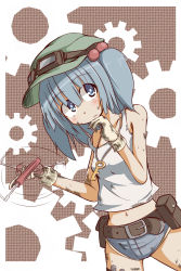 Rule 34 | 1girl, belt, casual, denim, denim shorts, dirty, female focus, gears, gloves, goggles, hand on own face, highres, kawashiro nitori, key, midriff, navel, screwdriver, short shorts, shorts, solo, spinning, sunny speed, tank top, tools, touhou, two side up