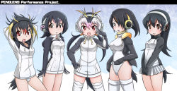 Rule 34 | 10s, 5girls, bad id, bad pixiv id, black hair, breasts, commentary request, emperor penguin (kemono friends), gentoo penguin (kemono friends), gloves, hair over one eye, headphones, hood, humboldt penguin (kemono friends), kemono friends, kurosawa (kurosawakyo), leotard, long hair, looking at viewer, medium breasts, multicolored hair, multiple girls, open mouth, penguin tail, penguins performance project (kemono friends), red eyes, rockhopper penguin (kemono friends), royal penguin (kemono friends), short hair, skirt, small breasts, smile, tail, thighhighs, twintails