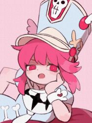 Rule 34 | 1girl, commentary, dot nose, hat, hat ornament, highres, jakuzure nonon, kill la kill, lying, on side, open mouth, pink eyes, pink hair, shako cap, skull hat ornament, solo, symbol-only commentary, yknsugar