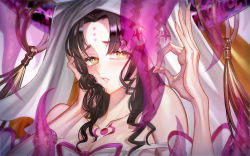 Rule 34 | 1girl, bare shoulders, black hair, blush, breasts, chest tattoo, cleavage, collarbone, demon pillar (fate), facial mark, fate/extra, fate/extra ccc, fate/grand order, fate (series), forehead mark, hand on own cheek, hand on own face, highres, horn ornament, horn ring, horns, large breasts, long hair, looking at viewer, ok sign, ota (ota-0000), parted bangs, parted lips, sessyoin kiara, tattoo, tentacles, veil, wavy hair, yellow eyes
