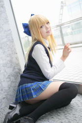 Rule 34 | 1girl, against glass, asian, black footwear, black thighhighs, blonde hair, blue eyes, blue ribbon, blurry, bow, breasts, character request, color contacts, cosplay, depth of field, dress shirt, hair bow, high heels, highres, indoors, light smile, looking at viewer, looking back, mary janes, miniskirt, namada, on floor, parted lips, photo (medium), pleated skirt, ribbon, rug, school uniform, shirt, shoes, sitting, skirt, small breasts, solo, sweater vest, thighhighs, white shirt, window, yokozuwari, zettai ryouiki