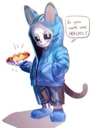 Rule 34 | 1boy, animal ears, black sclera, blue eyes, cat boy, cat ears, cat tail, chromatic aberration, colored sclera, english text, fake animal ears, full body, grin, hand in pocket, highres, hood, hoodie, hot dog, image sample, keemoringo, looking at viewer, male focus, pants, paw shoes, sans (undertale), shoes, simple background, skeleton, smile, solo, speech bubble, tail, text focus, undertale, white background